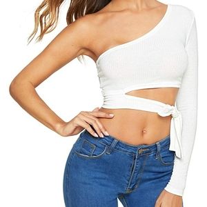 Woman Long Sleeve One Shoulder Crop Top (S) White